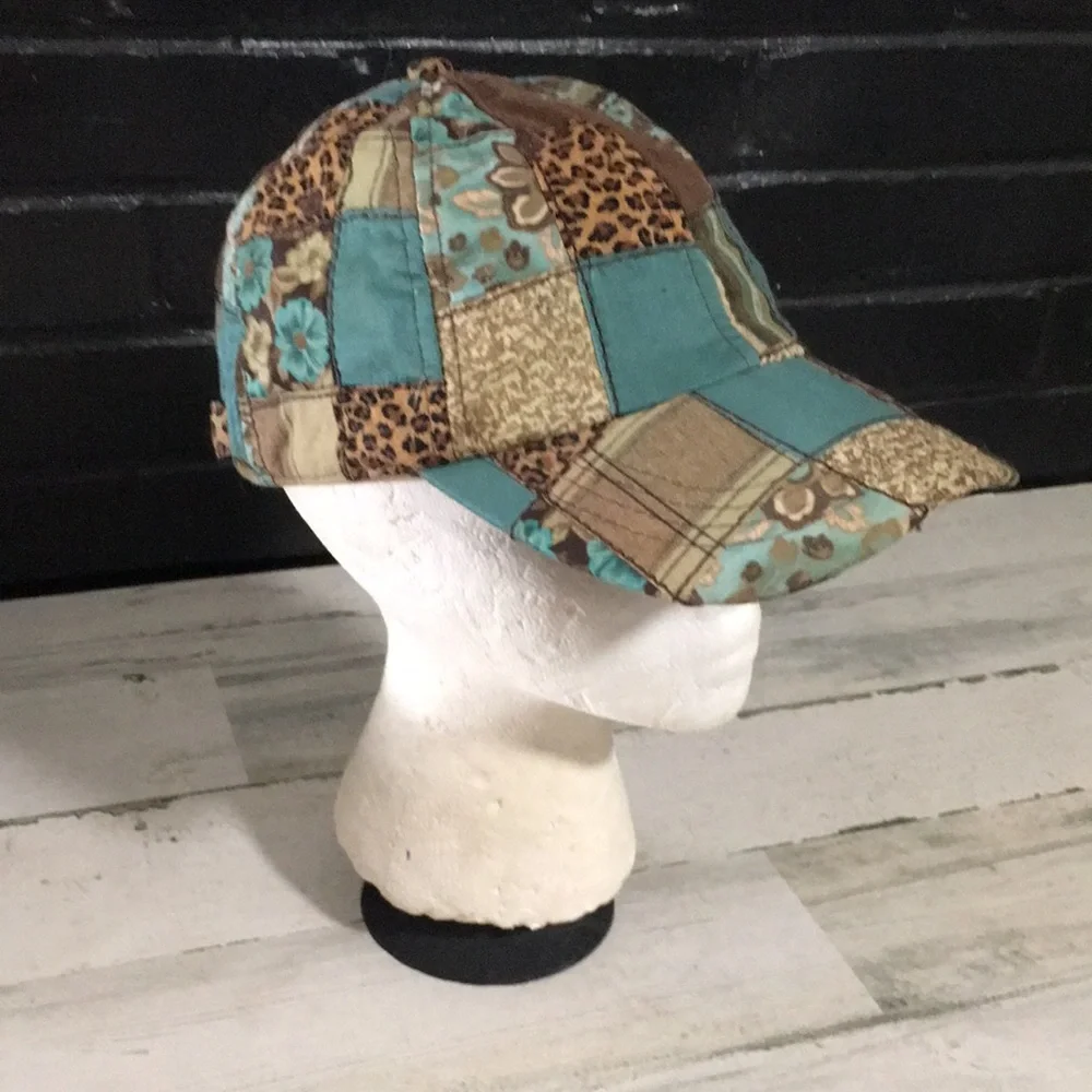 Patchwork teal brown cream adjustable back floral animal print ballcap